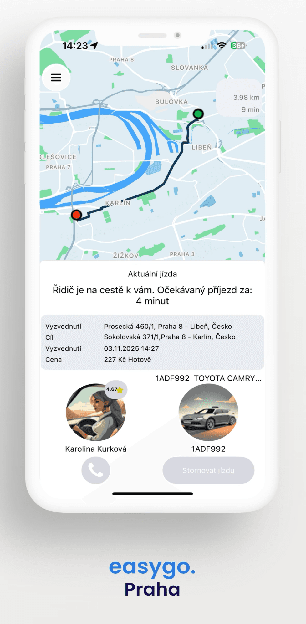 Aplikace EasyGo — probíhající jízda s detailem řidiče